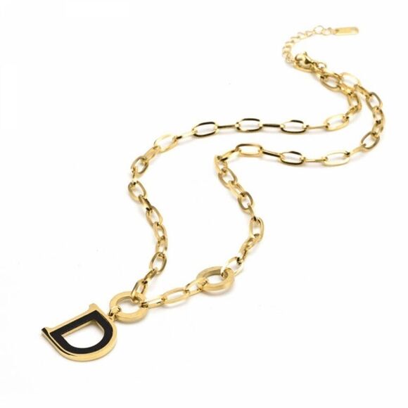 Designer Inspired Gold  Plated Black D Necklace - Picture 3 of 15